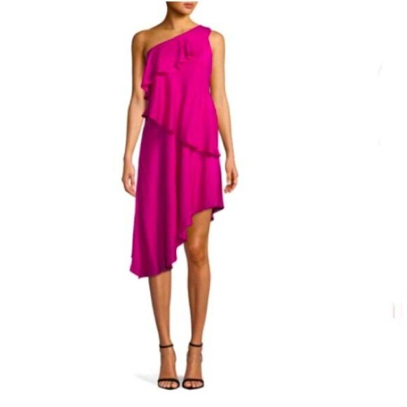 Milly dress Nora One-Shoulder Asymmetric Ruffled Tiered Stretch-Silk Dress sz 6 - Picture 1 of 6